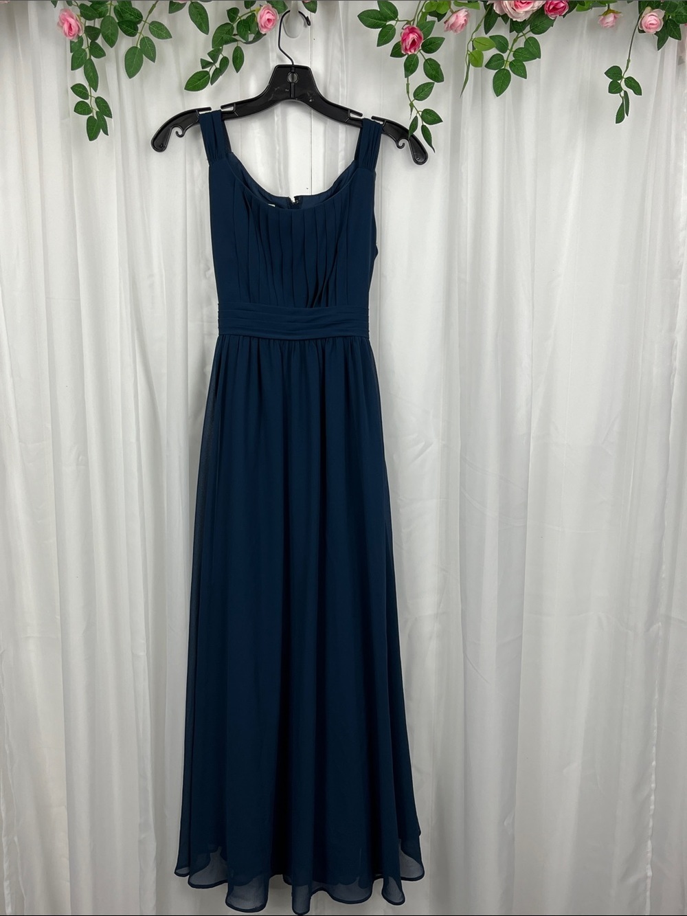 Azazie Formal Dress 16 Junior Navy Blue Back Zip Pleated Waistband Sash EUC